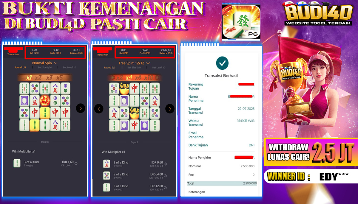 BUDI4D JACKPOT USERID:  EDY**** SLOT PGSOFT MAHJONG WAYS Rp.2.500.000,- LUNAS